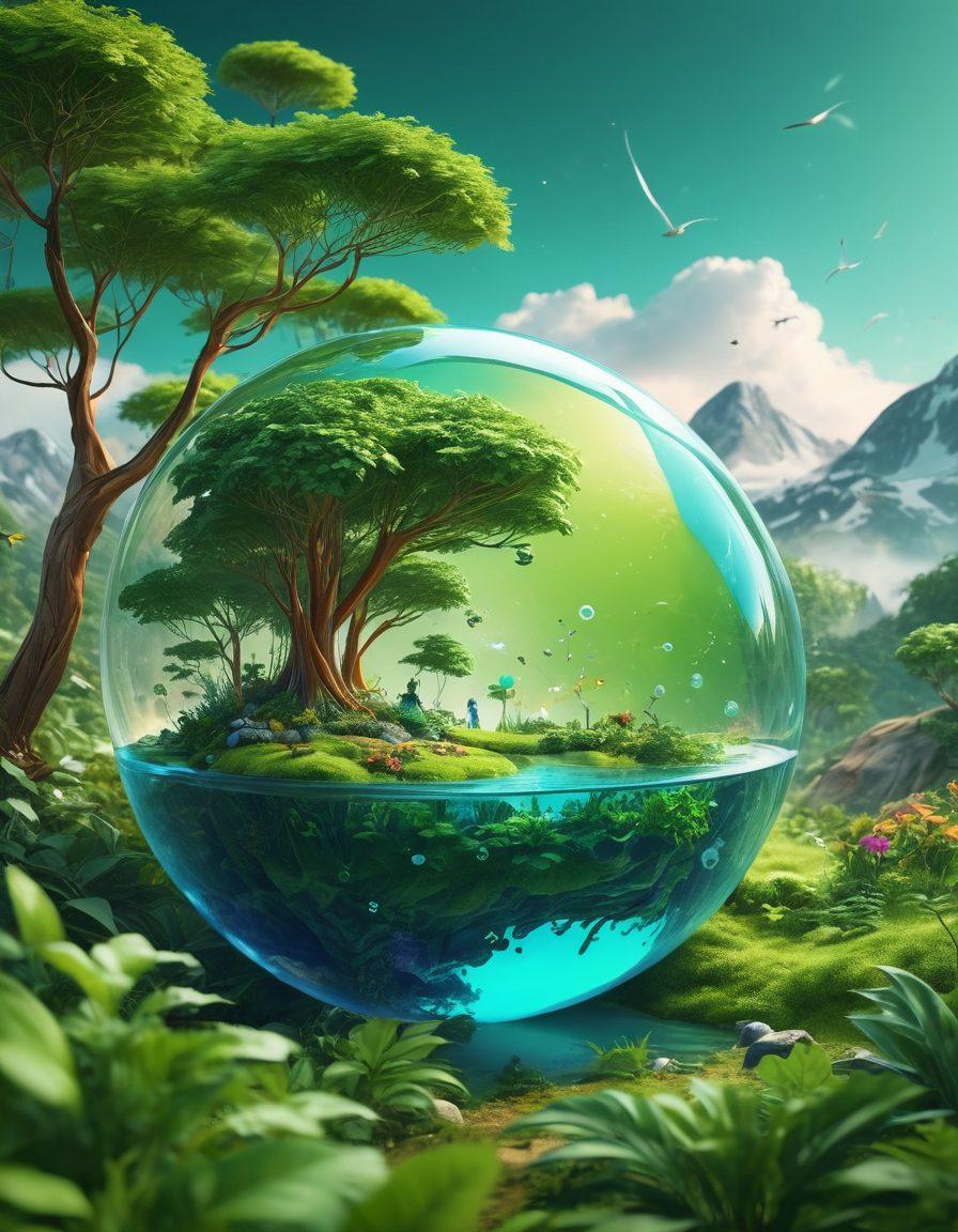 A vibrant digital landscape showcasing the transformation of abstract ideas into actionable strategies for a greener environment. Include elements like green technology icons, flowing data streams intertwined with lush greenery, and a diverse group of people engaged in eco-friendly activities. The atmosphere should exude innovation and sustainability, with a soft focus on the future. super-realistic. vibrant colors. 3D.