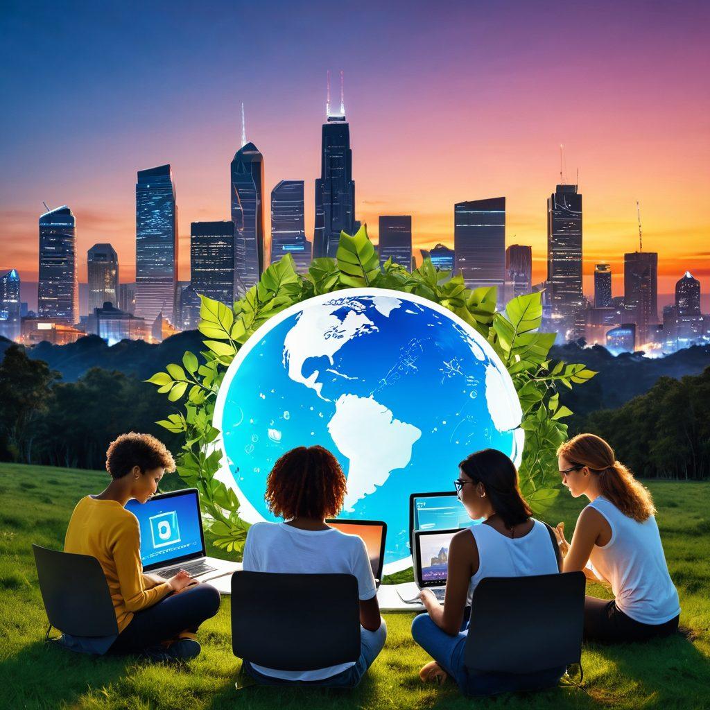 A futuristic landscape featuring a digital blog interface with eco-friendly symbols like leaves and recycling icons, set against a vibrant skyline where nature intertwines with technology. In the foreground, a diverse group of bloggers, representing various cultures, collaborate in harmony while using laptops made of sustainable materials. The sky is illuminated with a warm glow, suggesting a hopeful future. super-realistic. vibrant colors. white background.