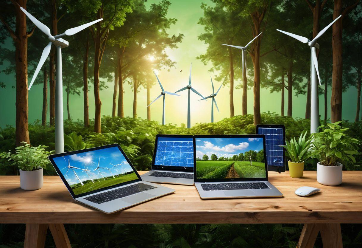 A futuristic landscape showcasing a digital forest with lush green trees intertwined with solar panels and wind turbines, symbolizing eco-friendliness. Display an assortment of digital devices like laptops and tablets on a wooden table, surrounded by plants and natural elements, representing blogging strategies. Colorful data graphs floating in the air, illustrating insights. Overlay soft glowing light to create an inviting atmosphere. super-realistic. vibrant colors. 3D.